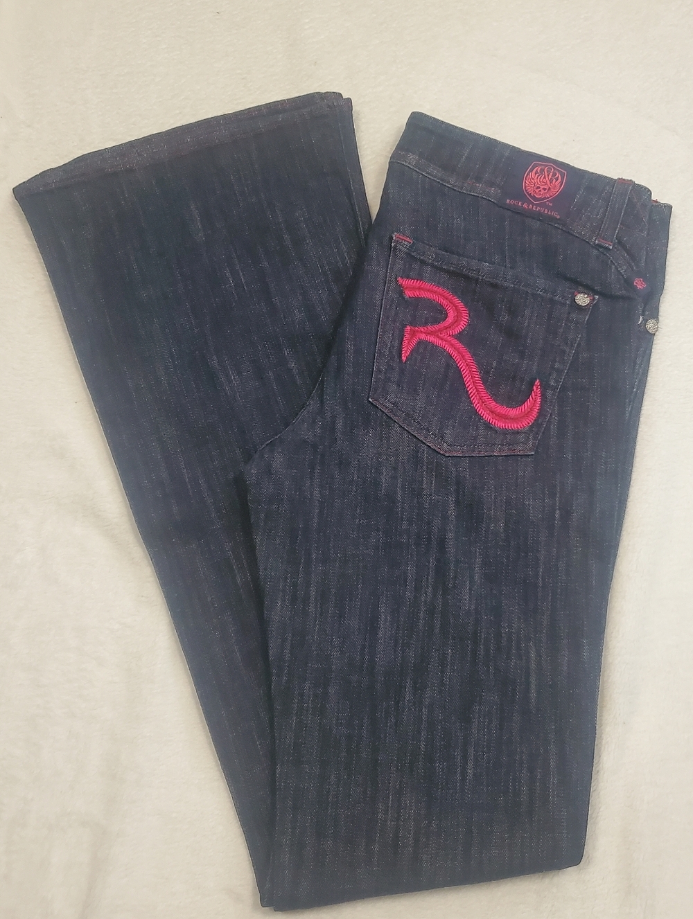 Rock & Republic Dark Indigo Bootcut Jeans with Pink Back Embroidery